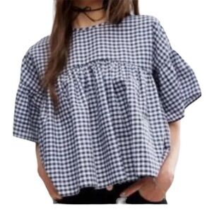 ASOS Baby Doll Smock Top Blue Gingham Picnic Pattern Flutter Sleeves Size 10